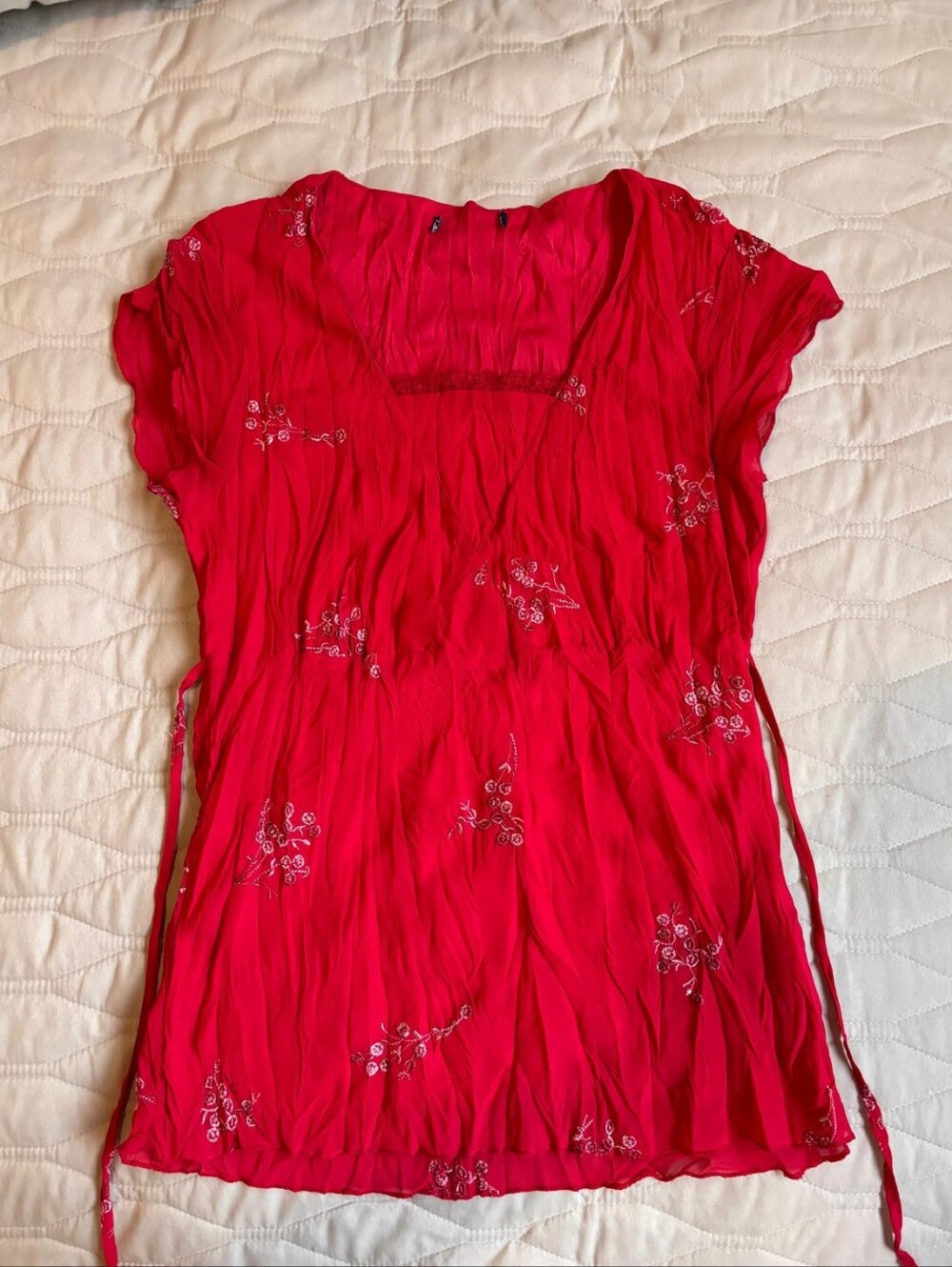 Silky Red Floral Embroidered Women’s Top/ V-Neck/Medium Size/Summer Top